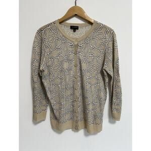 The Limited Cardigan Linen Button Tan Trellis Geometric 3/4 Sleeve Womens Medium